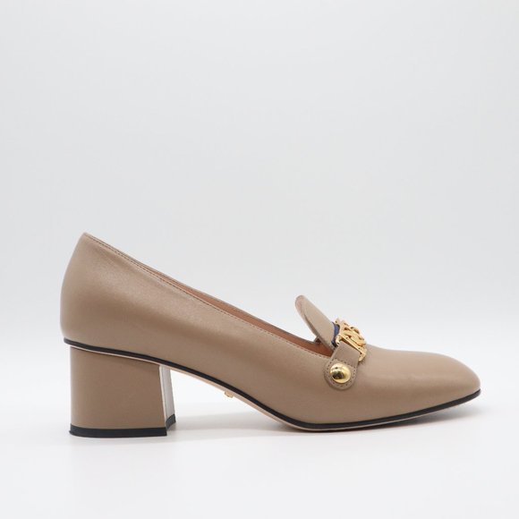 Gucci Sylvie Chain Embellished Tan Smooth Leather Heeled Loafers 39